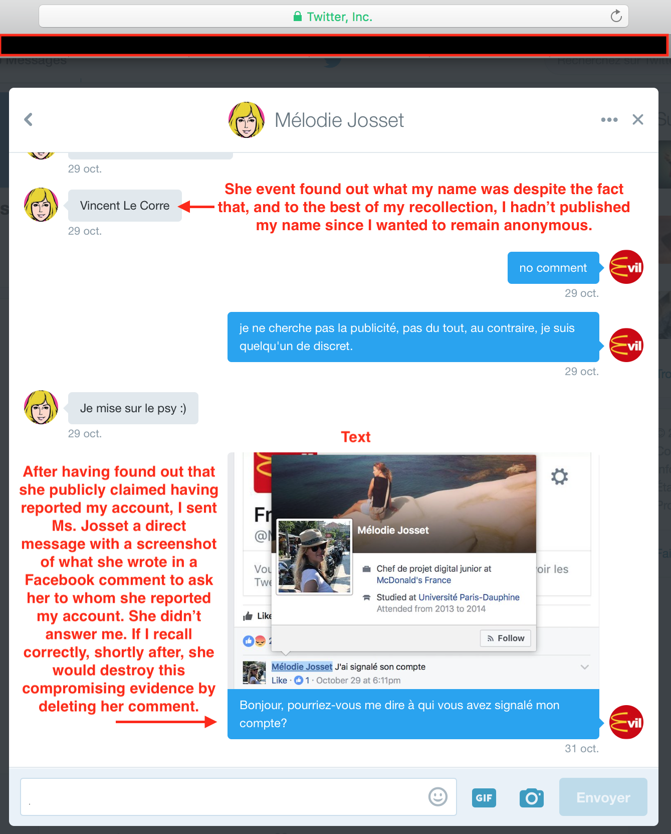 DM asking Josset who she reported me to